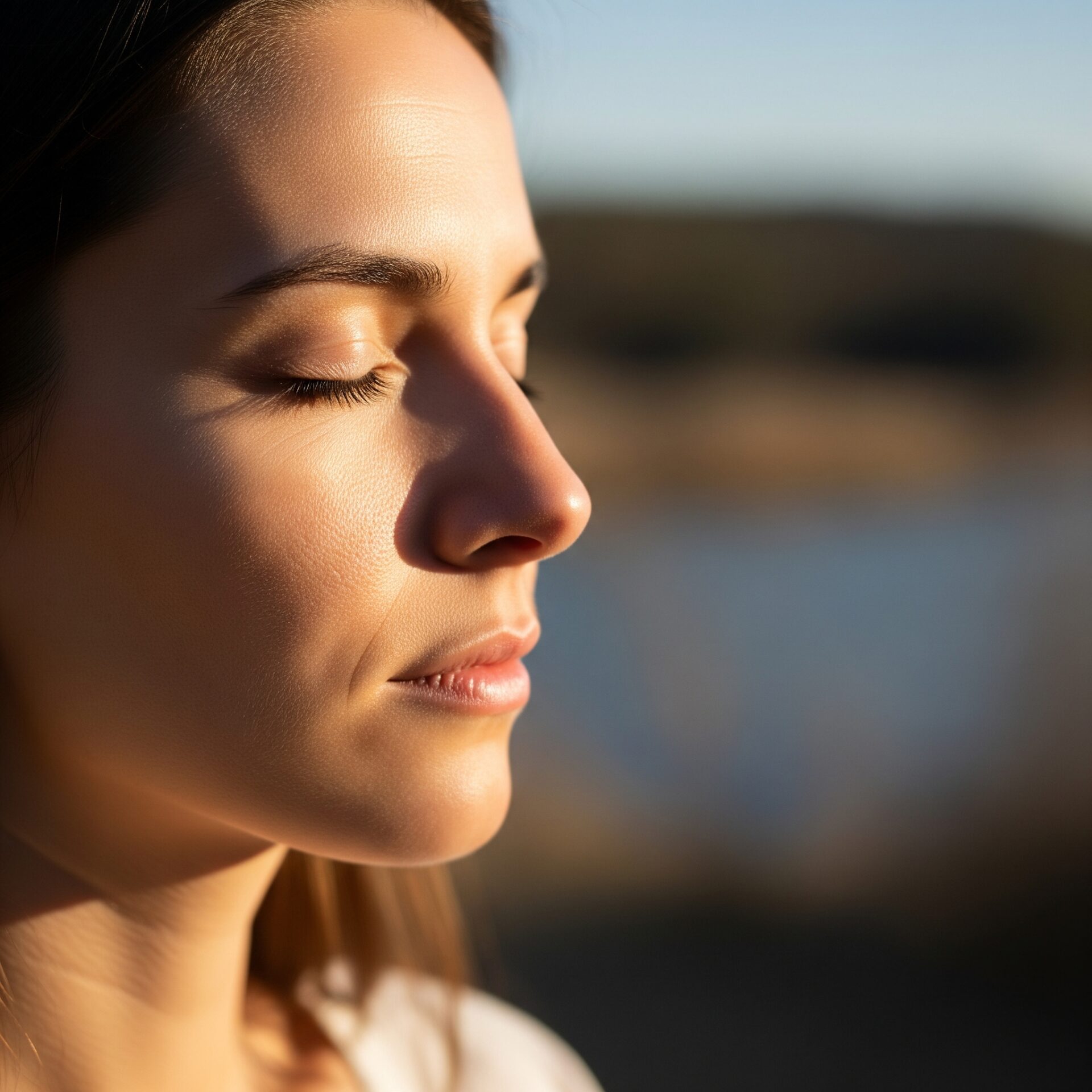Retrato ultrarrealista de uma pessoa em posição de meditação, com os olhos fechados e uma expressão serena, em um ambiente externo iluminado pelo sol.