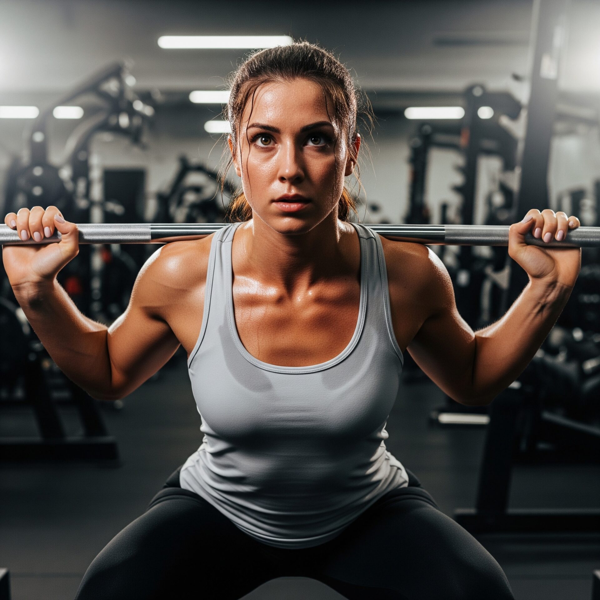 Fotografia ultrarrealista de uma mulher musculosa suada em um ginásio, com o foco nela no meio de uma série de agachamentos com barra.