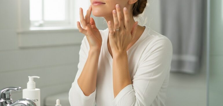 Fotografia ultrarrealista de uma mulher com cerca de 30 anos, em um banheiro iluminado pela manhã, aplicando um sérum no rosto com os olhos fechados.