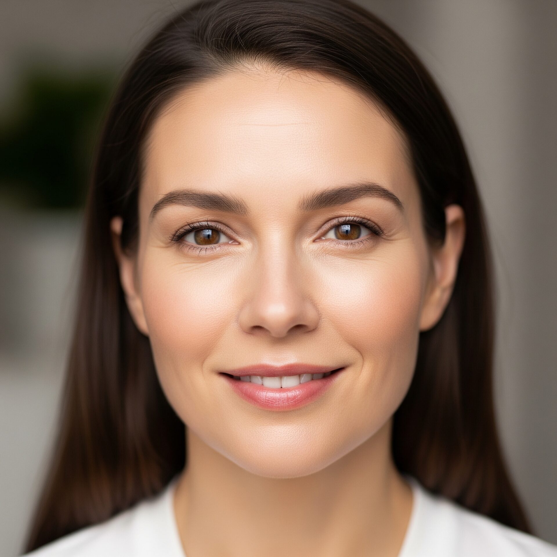 Retrato ultrarrealista de uma mulher na casa dos 40 anos, com um sorriso sereno, pele radiante e sem rugas visíveis ou manchas.