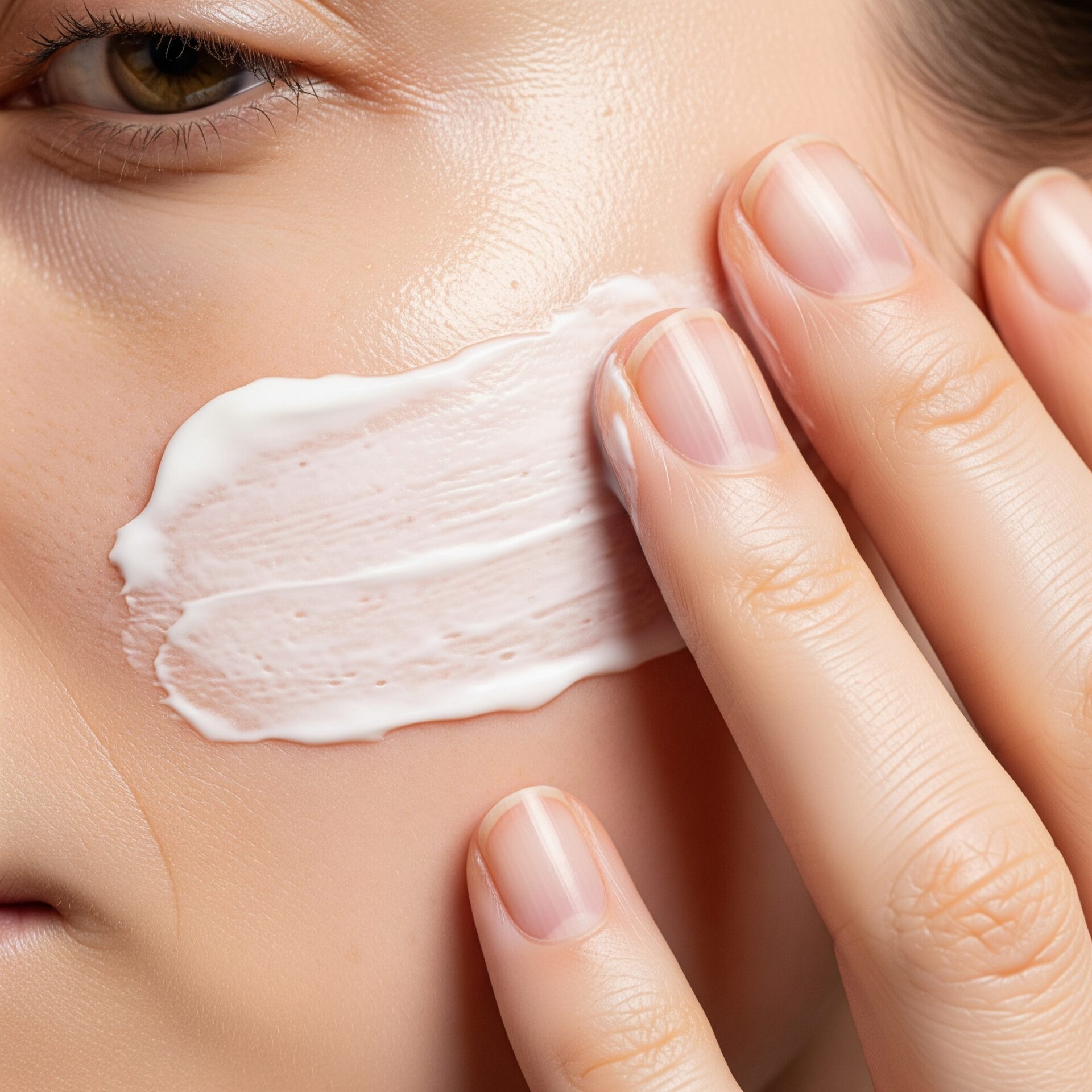 Fotografia macro ultrarrealista de uma mão aplicando um creme branco e rico na bochecha de uma pessoa.