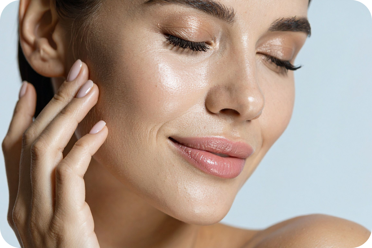 Close-up de uma mulher sorrindo levemente com os olhos fechados. Ela toca o rosto perto da bochecha. A pele parece saudável, hidratada e com um brilho sutil (glow).