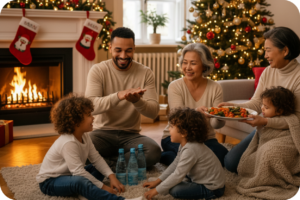 Família feliz e diversa sentada no chão da sala, com uma árvore de Natal iluminada e lareira ao fundo. Um homem aplica álcool em gel nas mãos, enquanto uma mulher mais velha oferece legumes assados a outra mulher mais velha e uma criança, e duas crianças brincam próximas a garrafas de água. A cena transmite celebração e hábitos saudáveis.