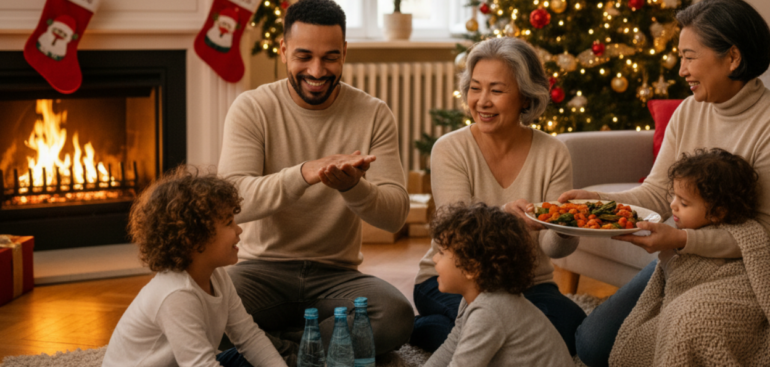 Família feliz e diversa sentada no chão da sala, com uma árvore de Natal iluminada e lareira ao fundo. Um homem aplica álcool em gel nas mãos, enquanto uma mulher mais velha oferece legumes assados a outra mulher mais velha e uma criança, e duas crianças brincam próximas a garrafas de água. A cena transmite celebração e hábitos saudáveis.