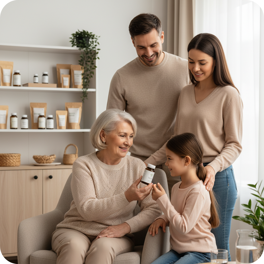 Fotografia ultrarrealista de alta resolução de uma família multi-geracional em um ambiente doméstico luminoso. A avó, sentada em uma poltrona, entrega carinhosamente um pequeno frasco de suplemento a uma criança, ambas sorrindo. Os pais, em pé atrás, observam a interação com sorrisos acolhedores. Ao fundo, um armário exibe sutilmente embalagens genéricas de saúde e bem-estar. A iluminação é suave, evocando amor, cuidado e saúde familiar.