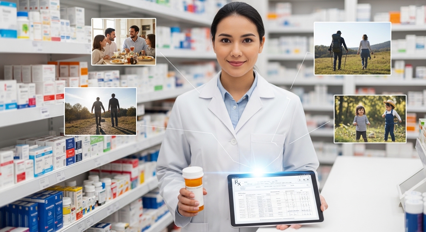 Farmacêutica sorridente em um jaleco branco dentro de uma farmácia moderna e organizada. Ela segura um frasco de medicamento em uma mão e um tablet na outra, que exibe uma prescrição digital. Ao redor dela, ícones flutuantes mostram cenas de bem-estar: uma família jantando, idosos caminhando e crianças brincando, simbolizando o cuidado farmacêutico integral