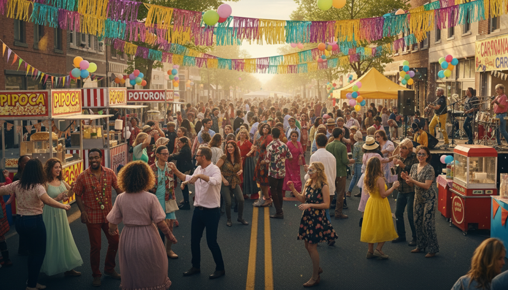 Grande celebração de rua com estética de festa popular e Carnaval. A cena mostra uma multidão dançando entre barracas de 'Pipoca' e 'Potoron' sob varais de bandeirolas e fitas coloridas. Pessoas de diversas idades vestem roupas festivas e fantasias simples em uma rua ensolarada, transmitindo alegria, convivência comunitária e tradição regional.