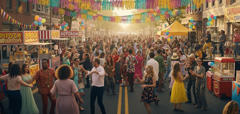 Grande celebração de rua com estética de festa popular e Carnaval. A cena mostra uma multidão dançando entre barracas de 'Pipoca' e 'Potoron' sob varais de bandeirolas e fitas coloridas. Pessoas de diversas idades vestem roupas festivas e fantasias simples em uma rua ensolarada, transmitindo alegria, convivência comunitária e tradição regional.