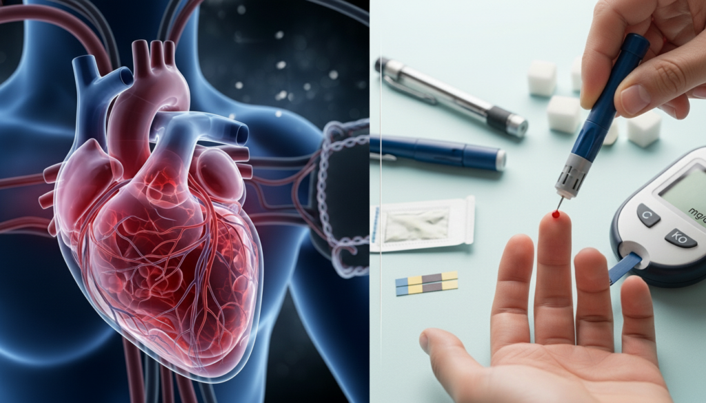 Montagem educativa sobre saúde preventiva. À esquerda, uma ilustração 3D detalhada e realista de um coração humano pulsante com veias e artérias visíveis. À direita, uma foto em close de uma pessoa realizando um teste de glicemia, com uma gota de sangue na ponta do dedo e um monitor de glicose ao lado, simbolizando o controle do diabetes e a saúde cardiovascular.