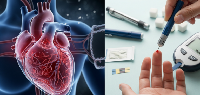 Montagem educativa sobre saúde preventiva. À esquerda, uma ilustração 3D detalhada e realista de um coração humano pulsante com veias e artérias visíveis. À direita, uma foto em close de uma pessoa realizando um teste de glicemia, com uma gota de sangue na ponta do dedo e um monitor de glicose ao lado, simbolizando o controle do diabetes e a saúde cardiovascular.