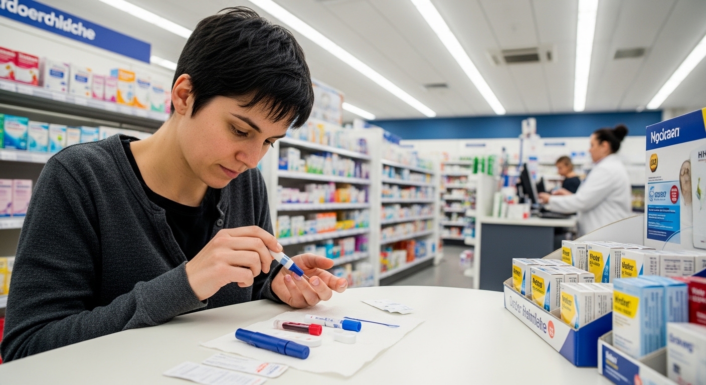 Uma mulher jovem realiza um teste rápido de glicemia em uma farmácia moderna. Ela utiliza uma caneta lancetadora no dedo, enquanto diversos kits de teste e materiais de coleta estão organizados sobre a mesa branca à sua frente. Ao fundo, as prateleiras da farmácia repletas de produtos e um atendente no balcão reforçam o ambiente de assistência farmacêutica profissional