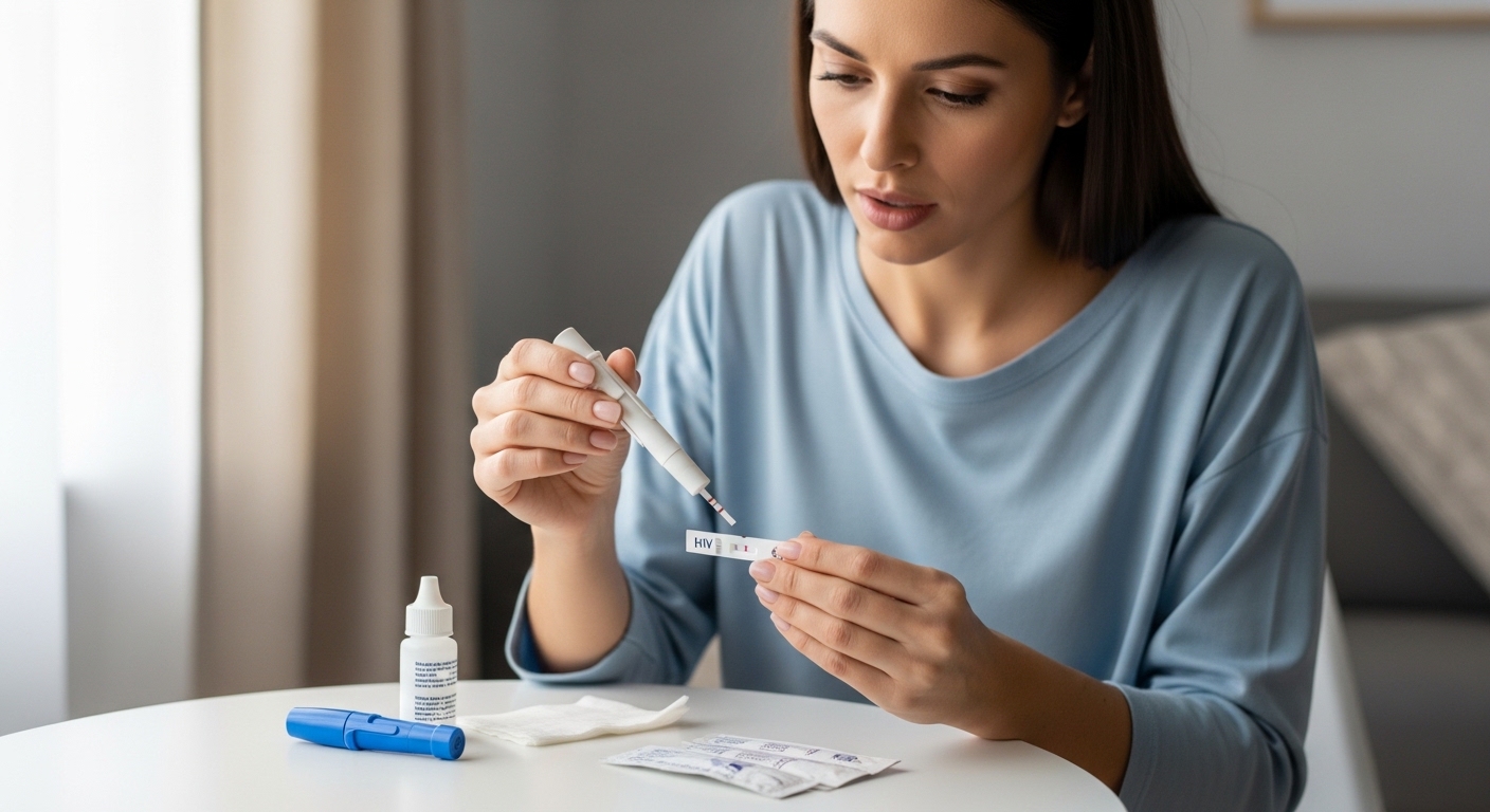 Mulher jovem realizando um autoteste de HIV em ambiente doméstico. Ela segura cuidadosamente o dispositivo de teste enquanto utiliza um conta-gotas para aplicar o reagente. Sobre a mesa branca, encontram-se o kit de teste, uma lanceta azul e materiais de instrução, simbolizando a importância do diagnóstico precoce e do cuidado com a saúde sexual.