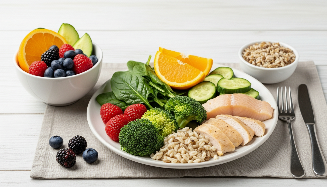 Uma composição visual de saúde digital. No centro, uma mão segura um smartphone que exibe um aplicativo de monitoramento de batimentos cardíacos. À esquerda, uma médica sorridente em seu consultório. À direita, um estetoscópio repousa sobre um tablet com gráficos clínicos. A imagem simboliza a integração entre o atendimento humano e a tecnologia para um check-up preventivo completo