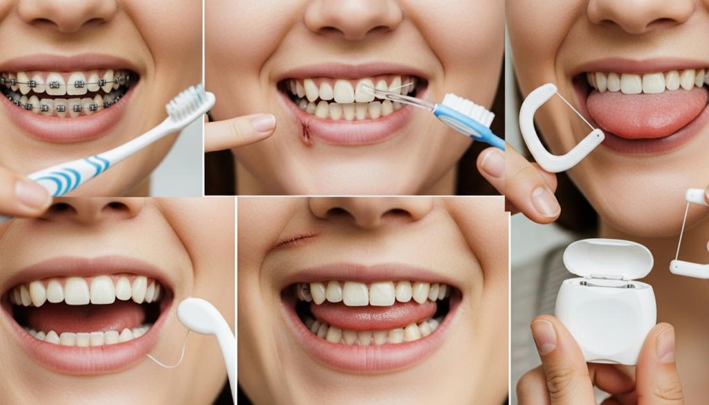 Uma colagem composta por seis fotos focadas em cuidados dentários e higiene oral. As imagens mostram o uso de escova de dente, fio dental tradicional e fio dental com suporte (flosser). Há destaque para dentes com aparelhos ortodônticos, a limpeza da língua e a aparência de uma gengiva saudável. A imagem serve como um guia visual para uma rotina completa de saúde bucal.