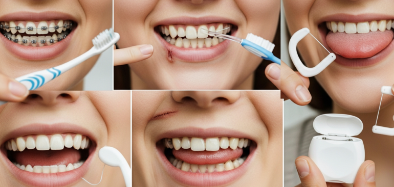 Uma colagem composta por seis fotos focadas em cuidados dentários e higiene oral. As imagens mostram o uso de escova de dente, fio dental tradicional e fio dental com suporte (flosser). Há destaque para dentes com aparelhos ortodônticos, a limpeza da língua e a aparência de uma gengiva saudável. A imagem serve como um guia visual para uma rotina completa de saúde bucal.