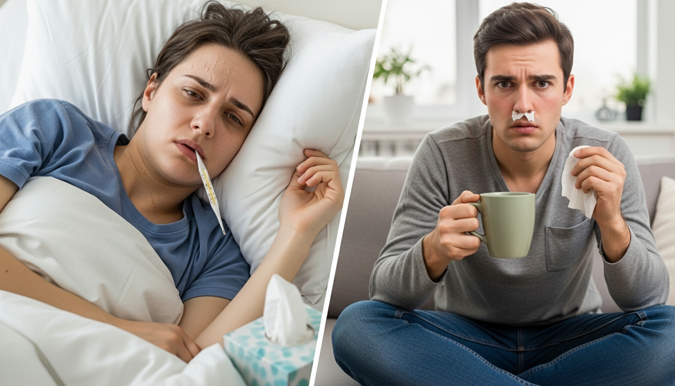 Montagem fotográfica mostrando dois pacientes com sintomas de virose. À esquerda, uma mulher deitada na cama, suando e com um termômetro na boca indicando febre. À direita, um homem sentado no sofá com lenços no nariz, segurando uma caneca de chá e um lenço de papel. A imagem ilustra o mal-estar causado por gripes e resfriados comuns.